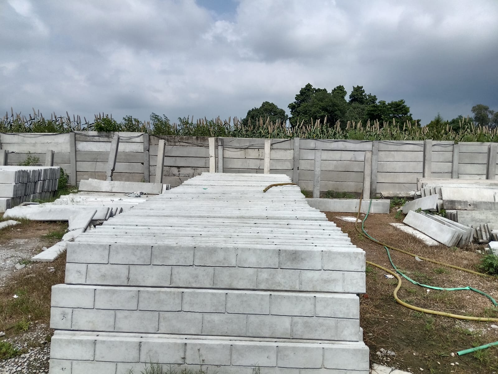 Corrugated profile precast panels stacked in the yard